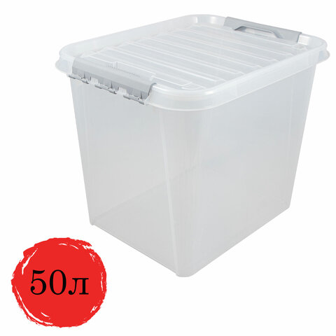 Ящик-контейнер 50 л с КРЫШКОЙ НА ЗАЩЕЛКАХ ПРОФИ, 40х50х39 см, штабелируемый, ПРОЧНЫЙ, прозрачный, 437960000 Ящик-контейнер 50 л с КРЫШКОЙ НА ЗАЩЕЛКАХ ПРОФИ, 40х50х39 см, штабелируемый, ПРОЧНЫЙ, прозрачный, 437960000