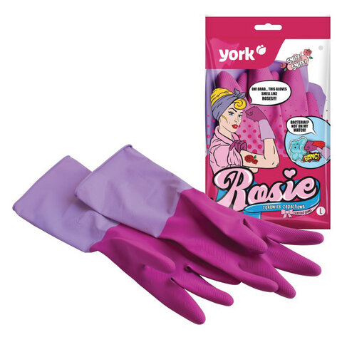 Перчатки МНОГОРАЗОВЫЕ резиновые YORK Роза, хлопчатобумажное напыление, ПРОЧНЫЕ, размер L (большой), розовые, вес 75 г, 92680