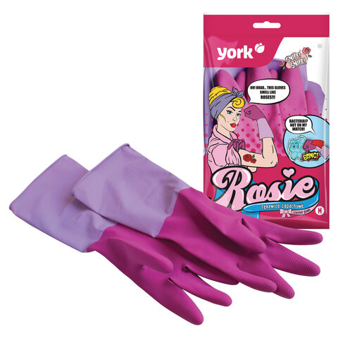 Перчатки МНОГОРАЗОВЫЕ резиновые YORK Роза, хлопчатобумажное напыление, ПРОЧНЫЕ, размер M (средний), розовые, вес 70 г, 92670