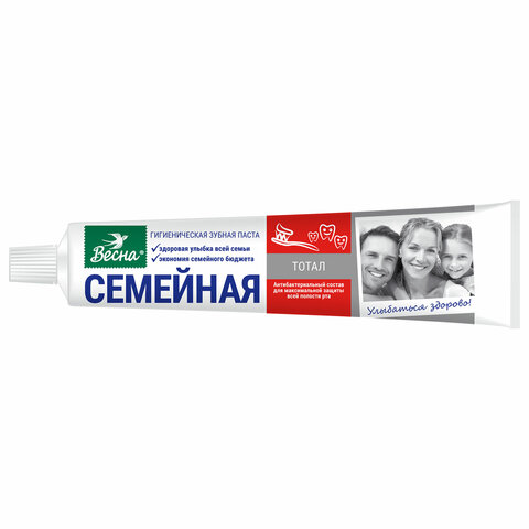 Зубная паста 90 г СЕМЕЙНАЯ Весна Total, отбеливающая, защита от кариеса, 8098