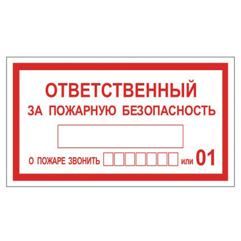 Знак вспомогательный Ответственный за пожарную безопасность, 250х140 мм, пленка самоклеящаяся, 610049/В43