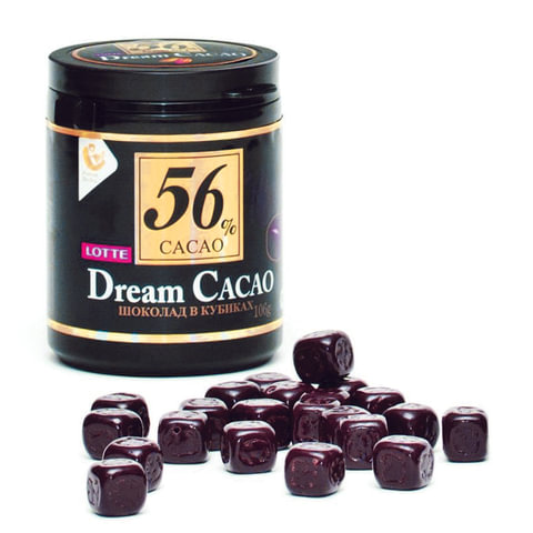 Шоколад LOTTE Dream Cacao, горький (какао 56%), в кубиках, в пластиковой банке, 106 г Шоколад LOTTE Dream Cacao, горький (какао 56%), в кубиках, в пластиковой банке, 106 г