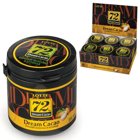 Шоколад LOTTE Dream Cacao, горький (какао 72%), в кубиках, в пластиковой банке, 90 г, 6104239 Шоколад LOTTE Dream Cacao, горький (какао 72%), в кубиках, в пластиковой банке, 90 г, 6104239