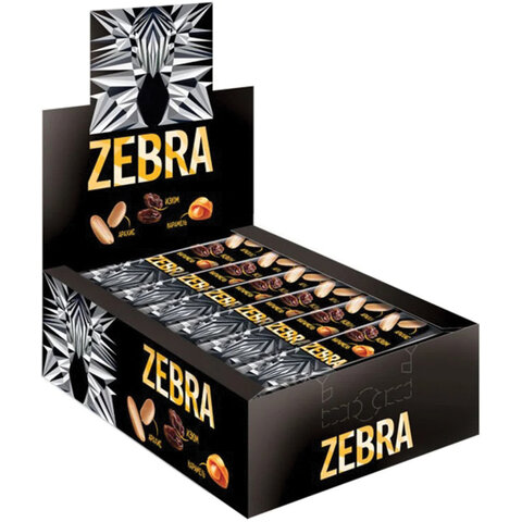 Батончик вафельный глазированный ZEBRA с изюмом и арахисом в мягкой карамели, 40 г, в шоубоксе, ЯВ252 Батончик вафельный глазированный ZEBRA с изюмом и арахисом в мягкой карамели, 40 г, в шоубоксе, ЯВ252