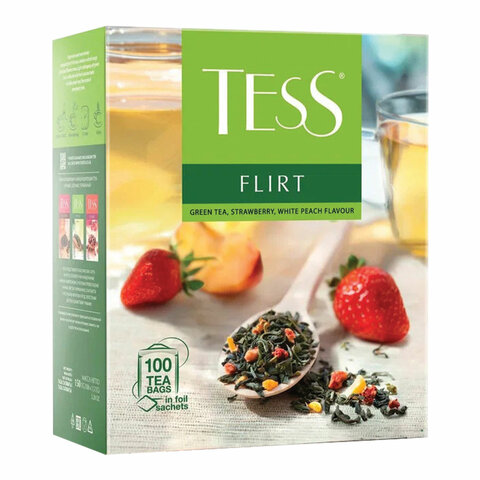 Чай TESS Flirt зеленый с клубникой и персиком, 100 пакетиков в конвертах по 1,5 г, 1476-09