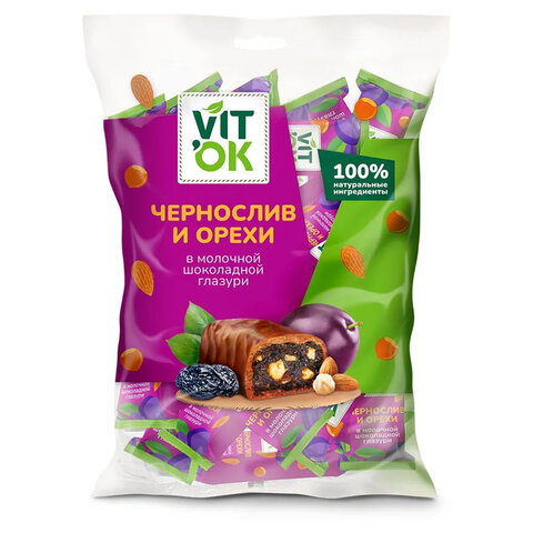Конфеты VITOK Чернослив и орехи в шоколадной глазури, 400 г, пакет, 2877