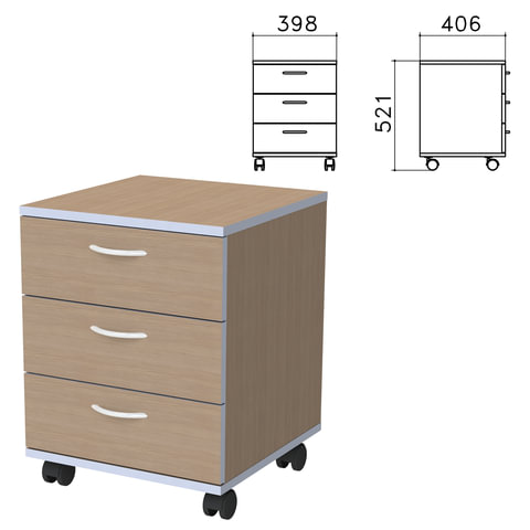 Тумба подкатная Бюджет, 398х406х521 мм, 3 ящика, орех онтарио, 402952-160