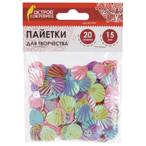 Пайетки для творчества Ракушки, яркие, цвет ассорти, 5 цветов, 15 мм, 20 грамм, ОСТРОВ СОКРОВИЩ, 661284
