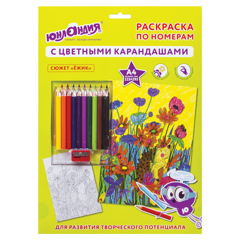 Раскраска по номерам А4, ЮНЛАНДИЯ ЕЖИК, С ЦВЕТНЫМИ КАРАНДАШАМИ, на картоне, 661608