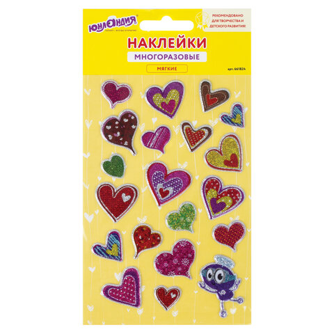 Наклейки зефирные Сердца, многоразовые, с блестками, 10х15 см, ЮНЛАНДИЯ, 661824