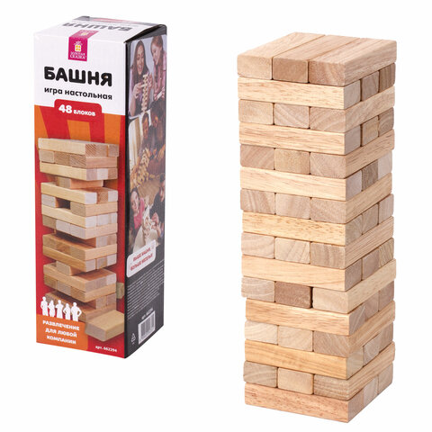 Игра настольная БАШНЯ, 48 деревянных блоков, ЗОЛОТАЯ СКАЗКА, 662294