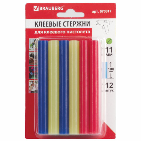 Клеевые стержни, диаметр 11 мм, длина 100 мм, цветные ассорти, КОМПЛЕКТ 12 штук, 6 цветов, BRAUBERG, блистер, 670317